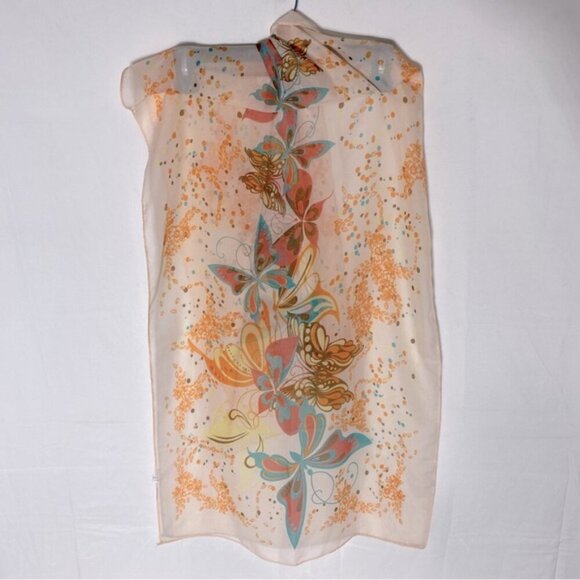 5/$25 Zhenqing Peach Semi Sheer Butterfly Floral Scarf - Picture 6 of 12